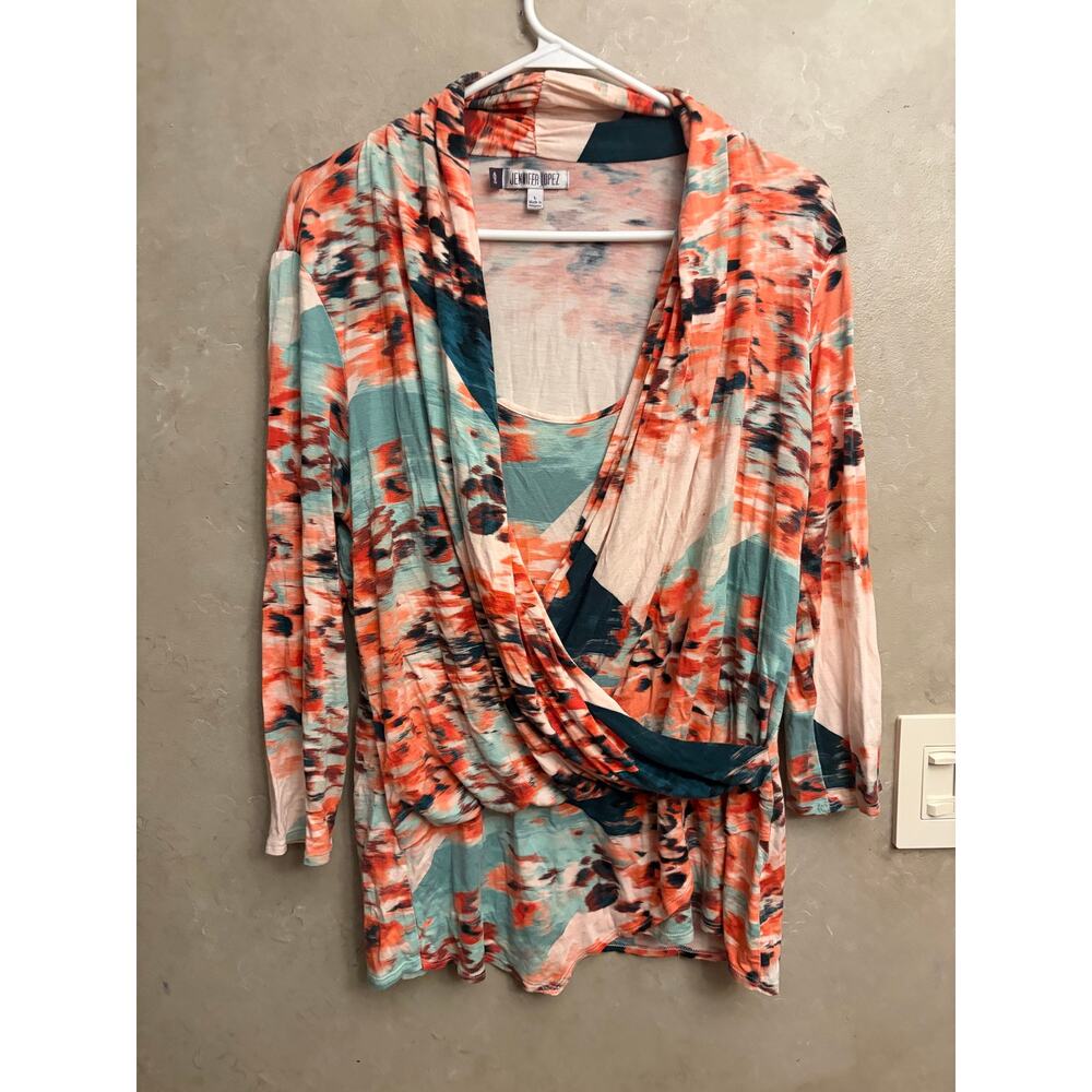 Jennifer Lopez JLo Multicolor Abstract Print Wrap Blouse Long Sleeve Large - Picture 4 of 10
